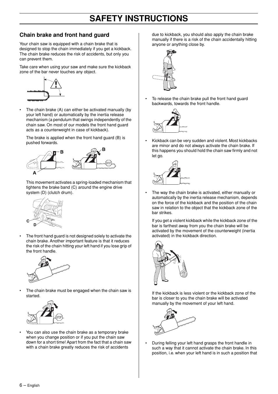 Chain brake and front hand guard, Safety instructions | Jonsered CS 2145 EPA II User Manual | Page 6 / 37