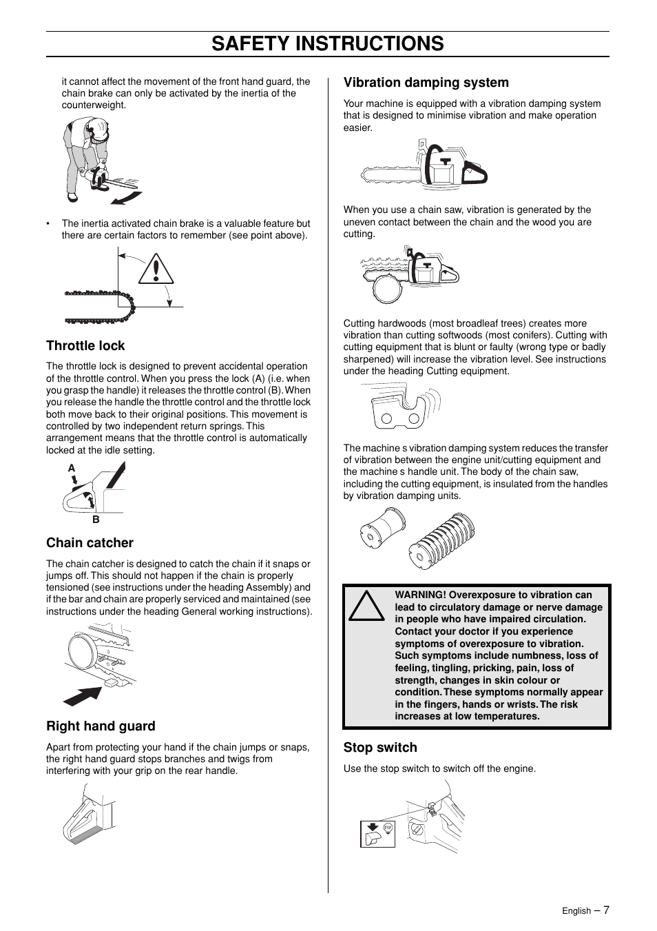 Throttle lock, Chain catcher, Right hand guard | Vibration damping system, Stop switch, Safety instructions | Jonsered CS 2145 EPA II User Manual | Page 7 / 37