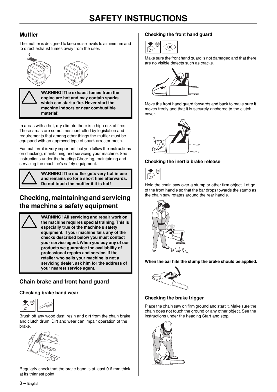 Muffler, Chain brake and front hand guard, Safety instructions | Jonsered CS 2145 EPA II User Manual | Page 8 / 37