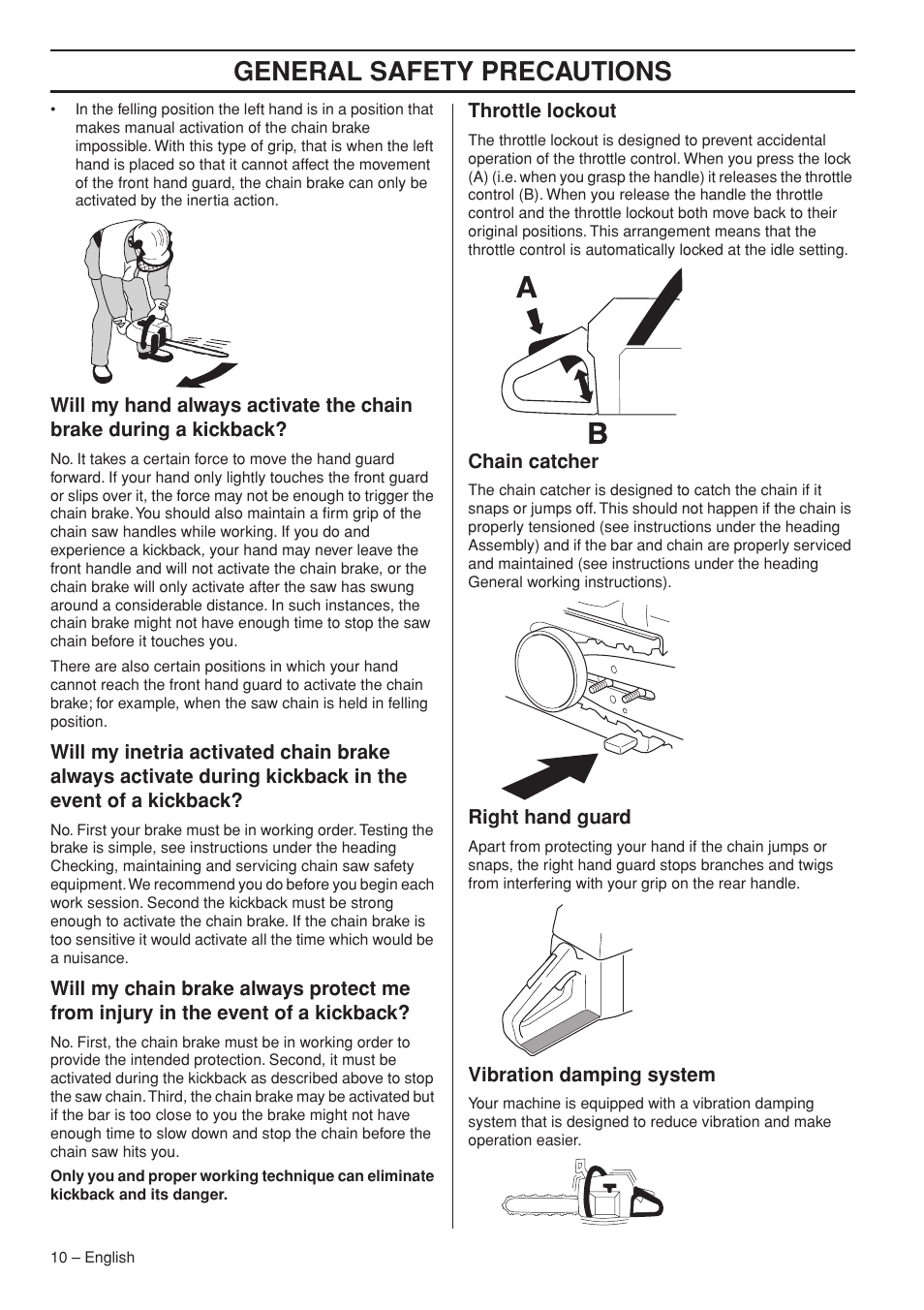 Throttle lockout, Chain catcher, Right hand guard | Vibration damping system, General safety precautions | Jonsered CS 2153 EPA I User Manual | Page 10 / 44