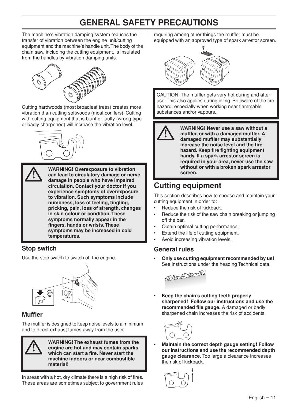 Stop switch, Muffler, Cutting equipment | General rules, General safety precautions | Jonsered CS 2153 EPA I User Manual | Page 11 / 44