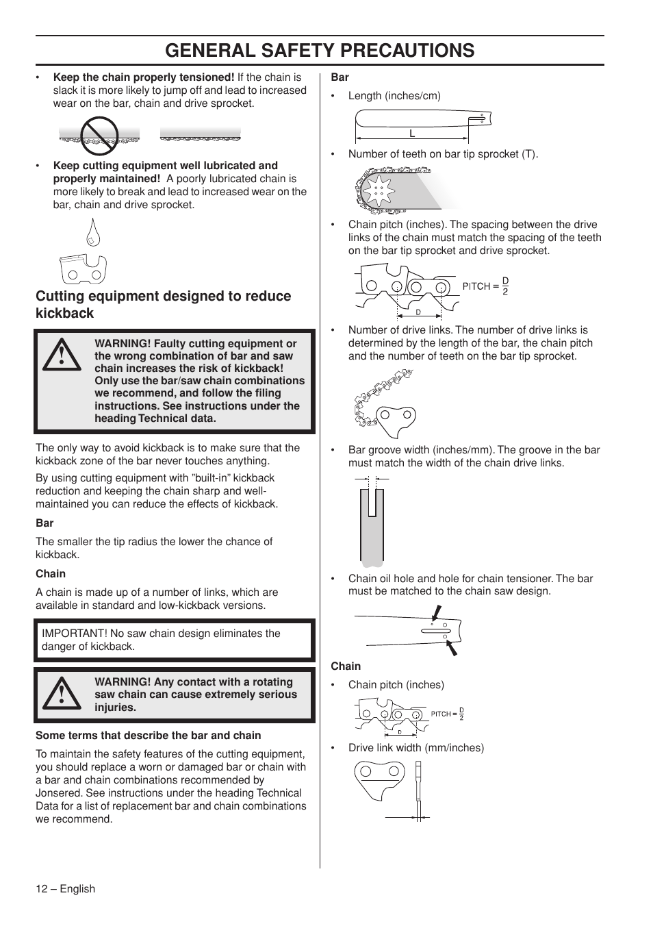 Cutting equipment designed to reduce kickback, General safety precautions | Jonsered CS 2153 EPA I User Manual | Page 12 / 44