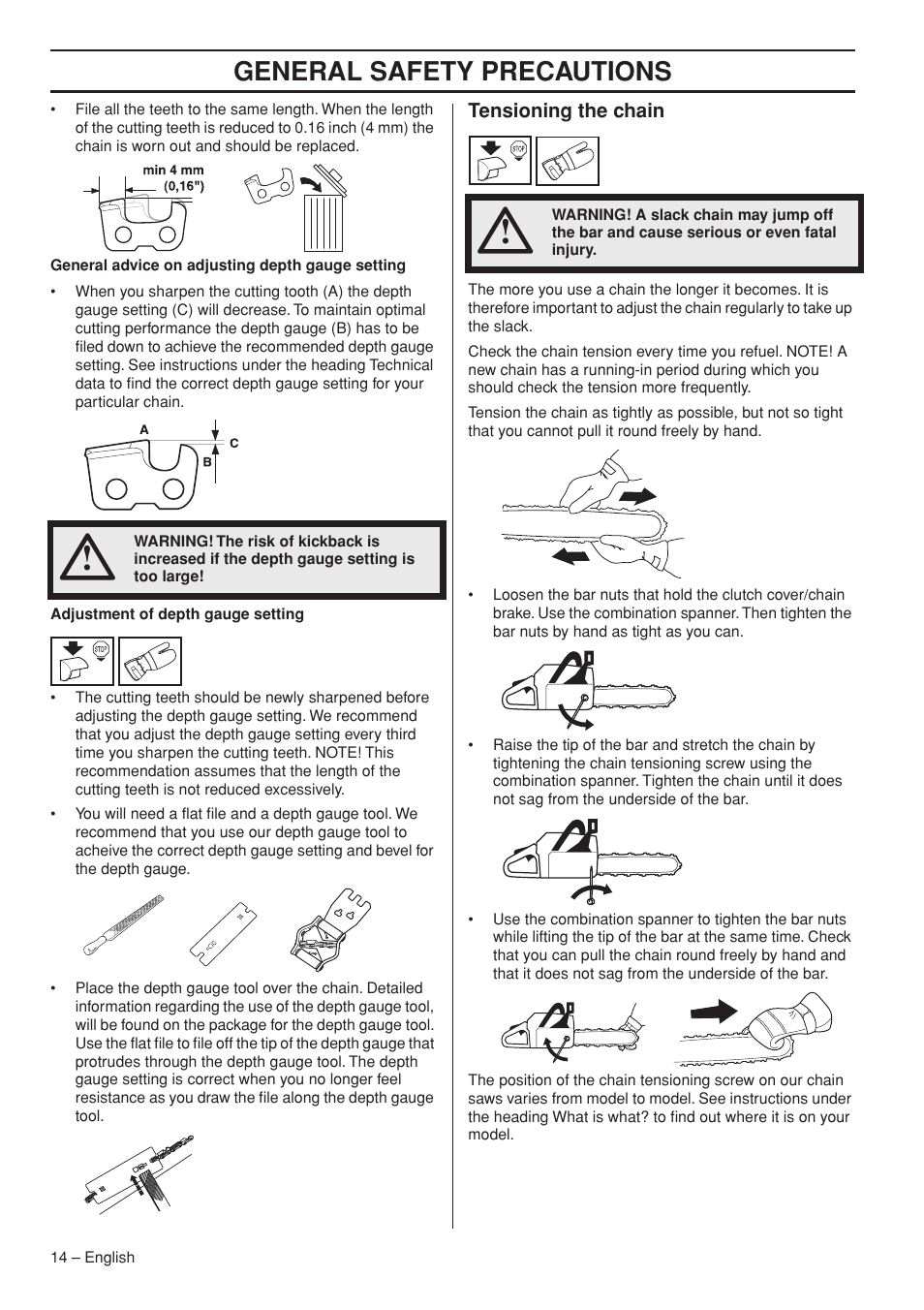 Tensioning the chain, General safety precautions | Jonsered CS 2153 EPA I User Manual | Page 14 / 44