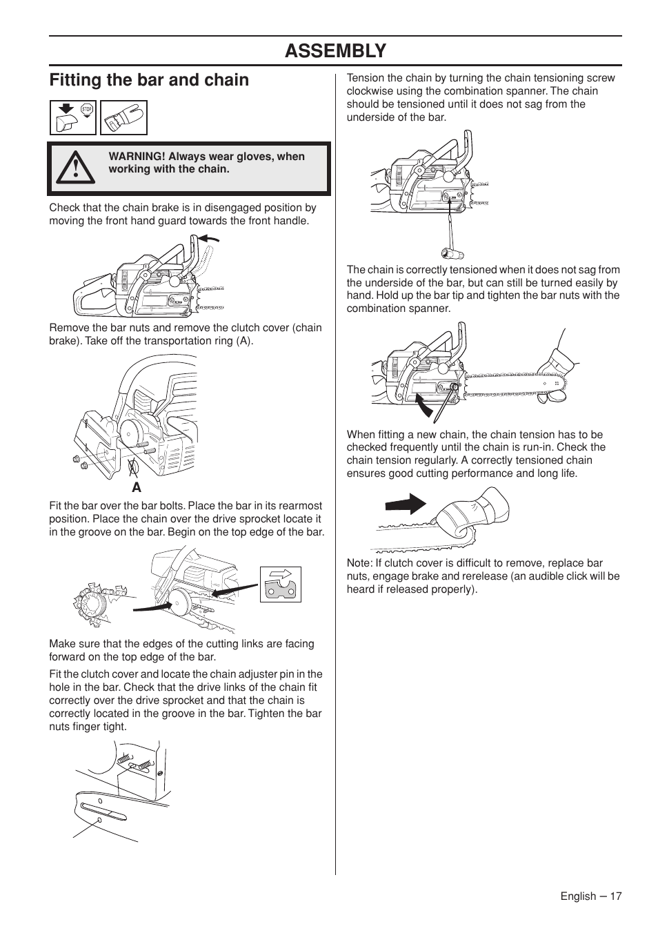 Fitting the bar and chain, Assembly | Jonsered CS 2153 EPA I User Manual | Page 17 / 44