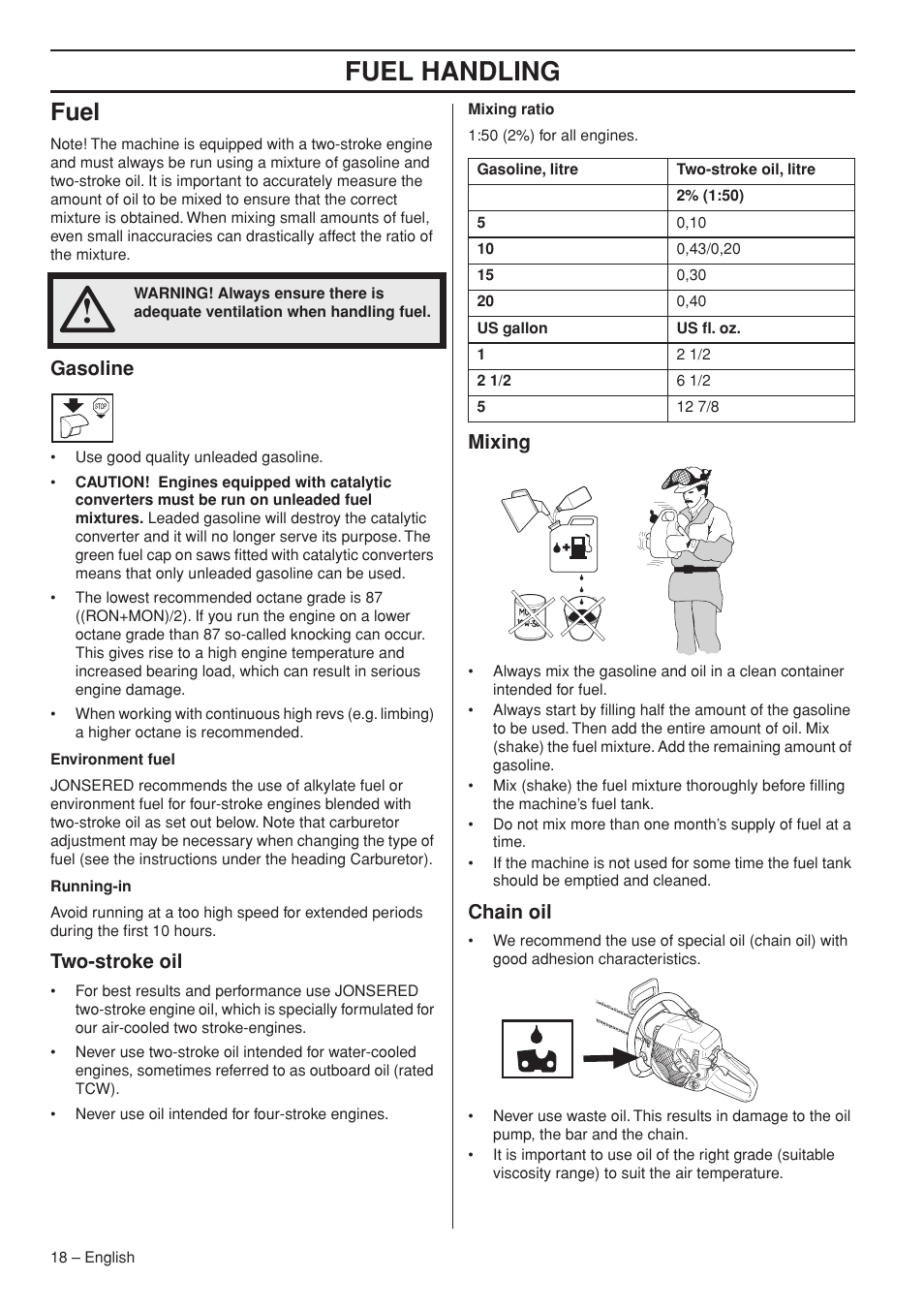 Fuel, Gasoline, Two-stroke oil | Mixing, Chain oil, Fuel handling | Jonsered CS 2153 EPA I User Manual | Page 18 / 44