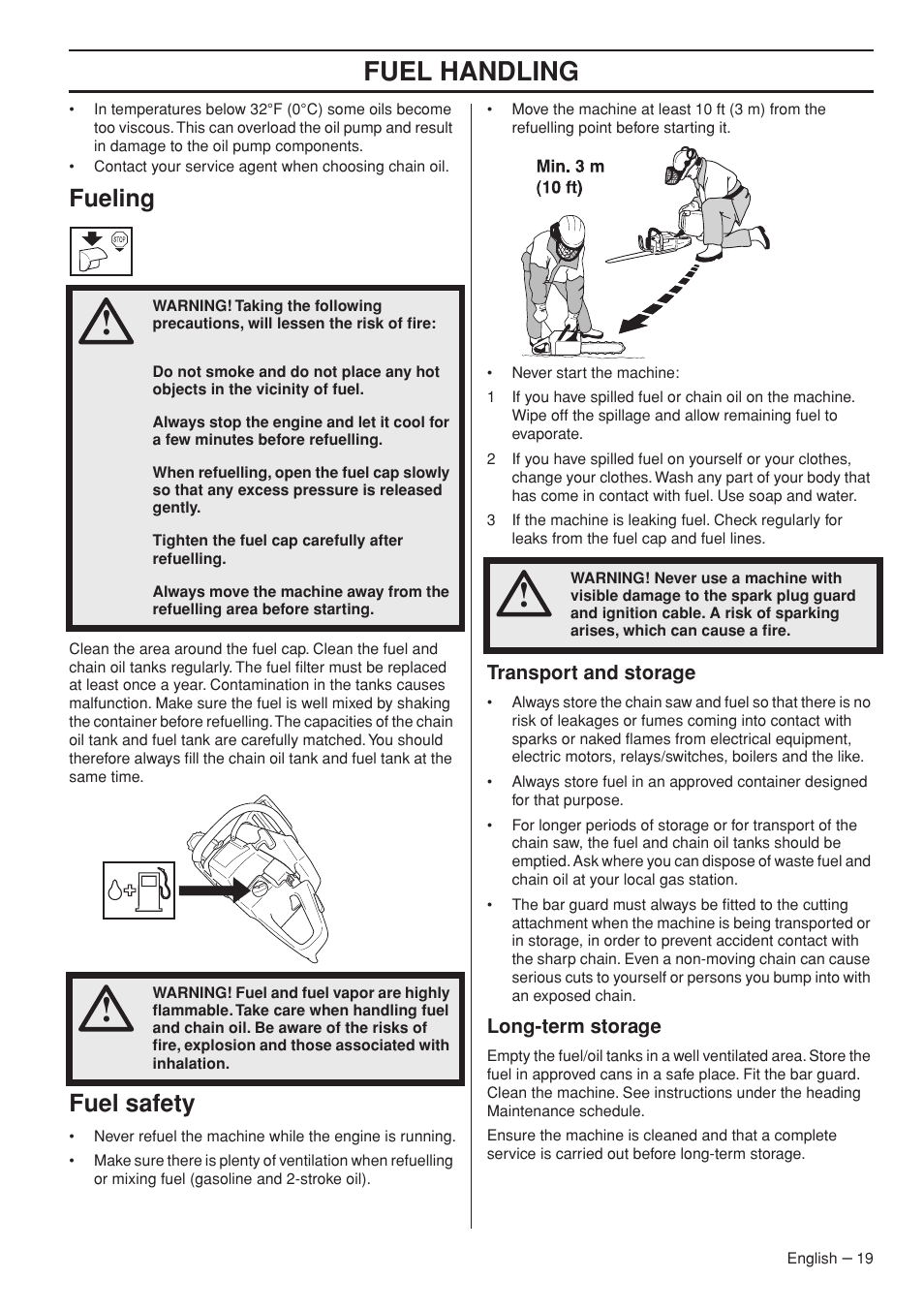 Fueling, Fuel safety, Transport and storage | Long-term storage, Fuel handling | Jonsered CS 2153 EPA I User Manual | Page 19 / 44