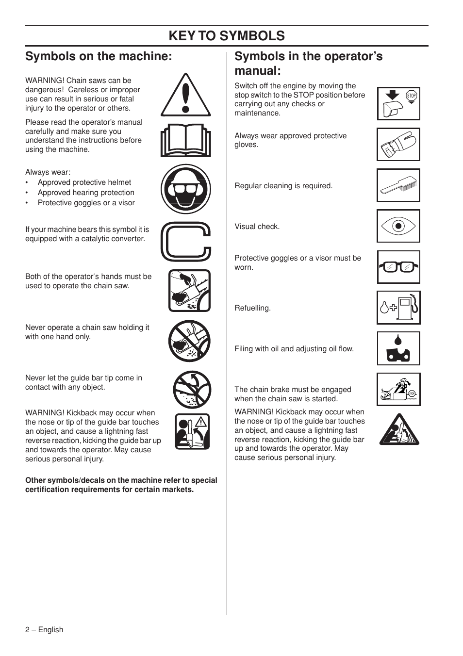 Symbols on the machine, Symbols in the operator’s manual, Key t o symbols | Symbols on the mac hine, Symbols in the operator’ s manual | Jonsered CS 2153 EPA I User Manual | Page 2 / 44