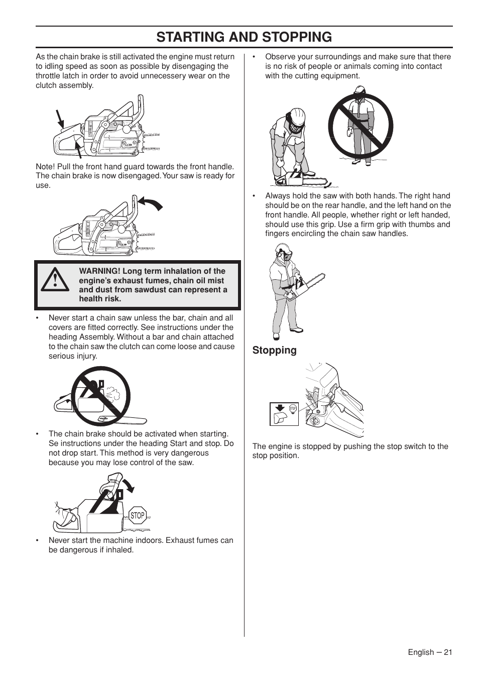 Stopping, Starting and stopping | Jonsered CS 2153 EPA I User Manual | Page 21 / 44