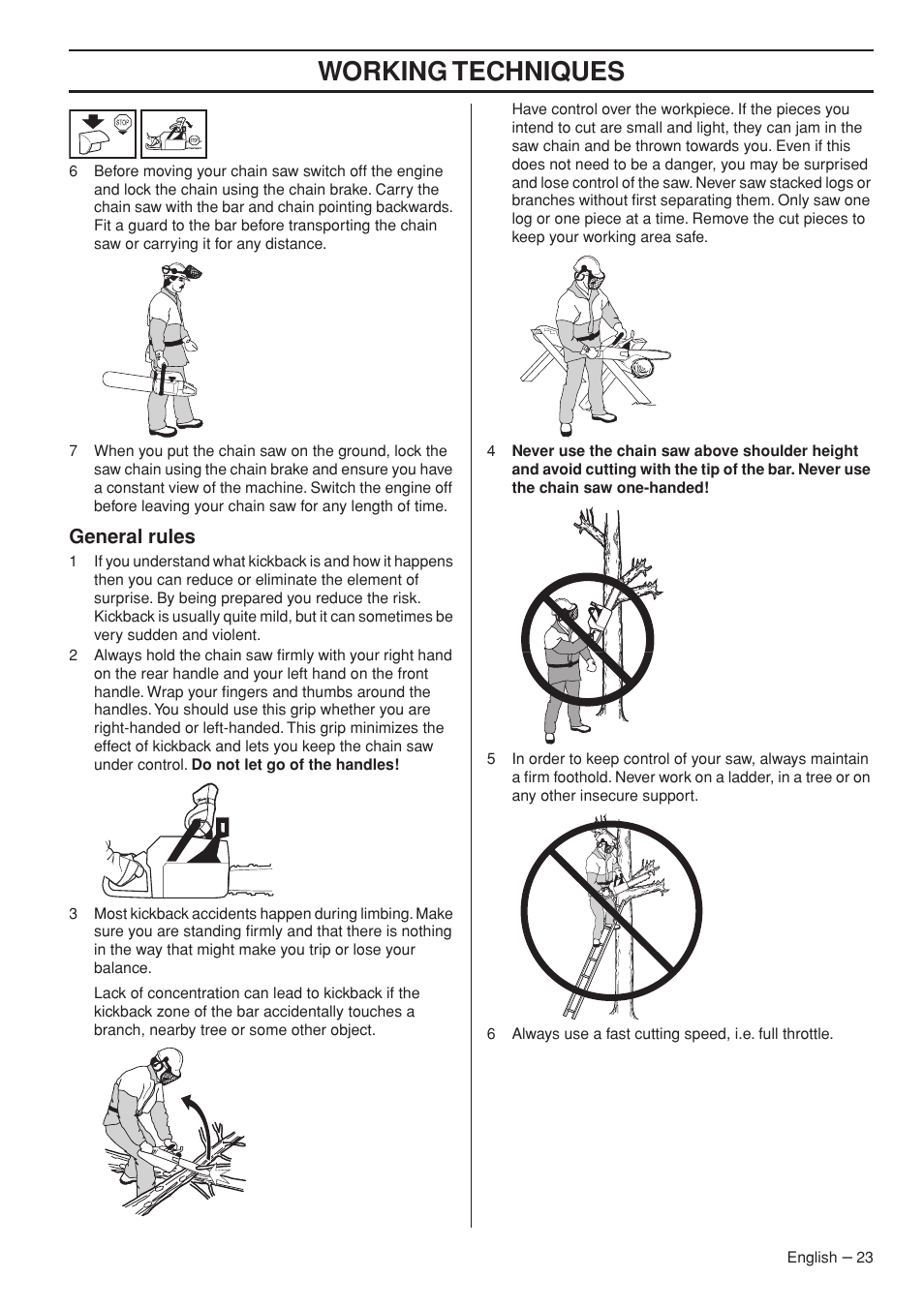 General rules, Working techniques | Jonsered CS 2153 EPA I User Manual | Page 23 / 44