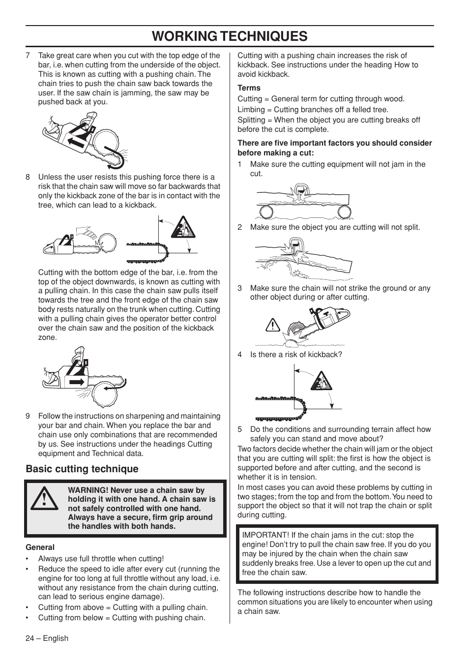 Basic cutting technique, Working techniques | Jonsered CS 2153 EPA I User Manual | Page 24 / 44