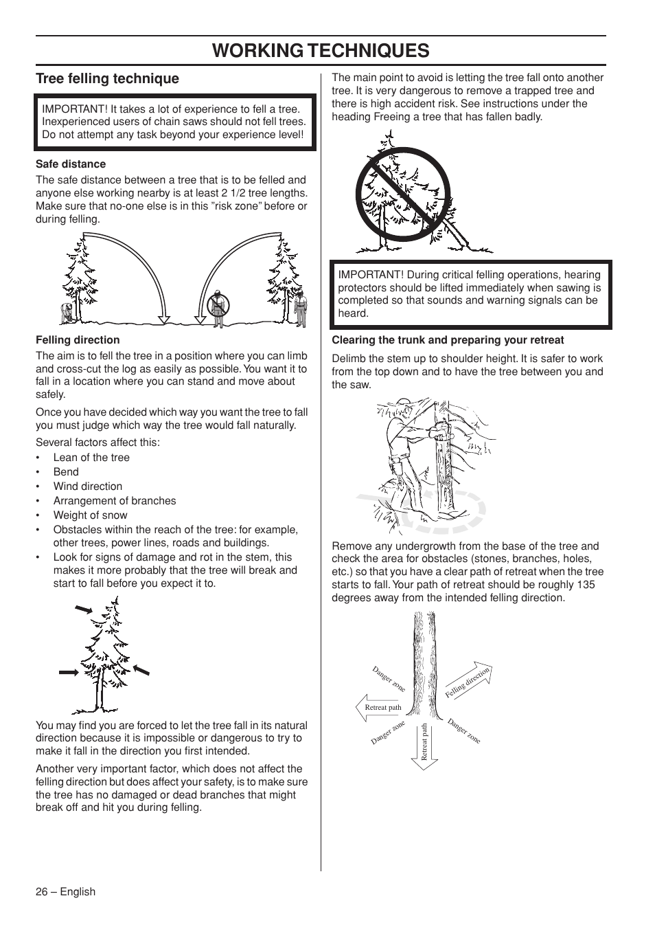 Tree felling technique, Working techniques | Jonsered CS 2153 EPA I User Manual | Page 26 / 44