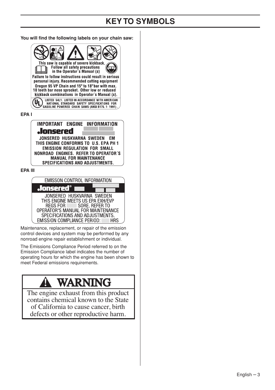 Key t o symbols | Jonsered CS 2153 EPA I User Manual | Page 3 / 44