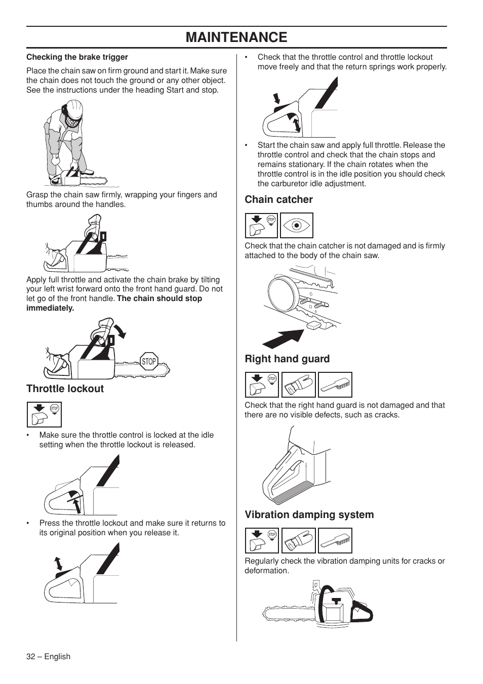 Throttle lockout, Chain catcher, Right hand guard | Vibration damping system, Maintenance | Jonsered CS 2153 EPA I User Manual | Page 32 / 44