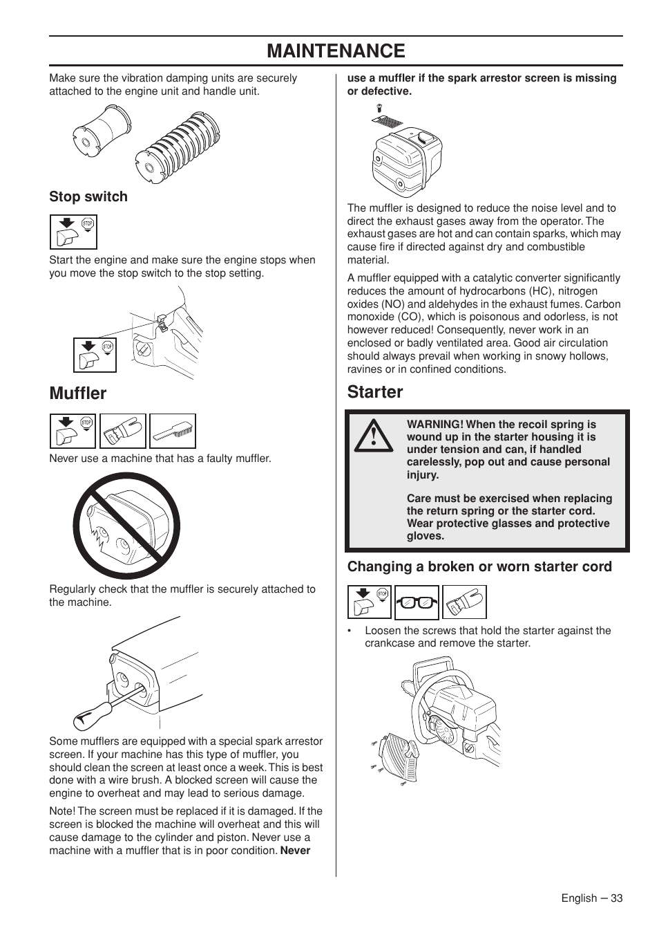 Stop switch, Muffler, Starter | Changing a broken or worn starter cord, Maintenance | Jonsered CS 2153 EPA I User Manual | Page 33 / 44