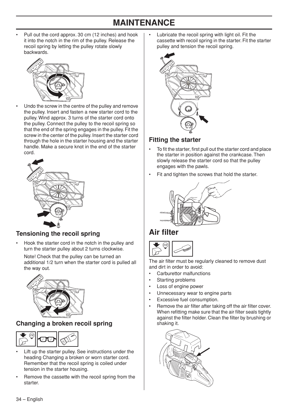 Tensioning the recoil spring, Changing a broken recoil spring, Fitting the starter | Air filter, Maintenance | Jonsered CS 2153 EPA I User Manual | Page 34 / 44