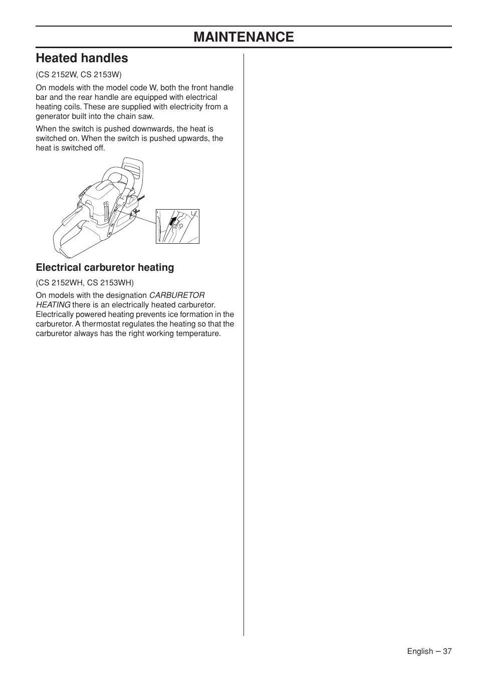 Heated handles, Electrical carburetor heating, Maintenance | Jonsered CS 2153 EPA I User Manual | Page 37 / 44