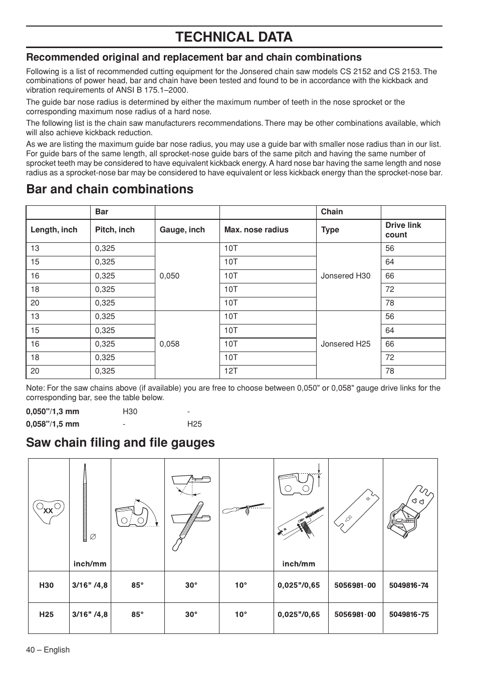 Bar and chain combinations, Saw chain filing and file gauges, Technical data | Jonsered CS 2153 EPA I User Manual | Page 40 / 44