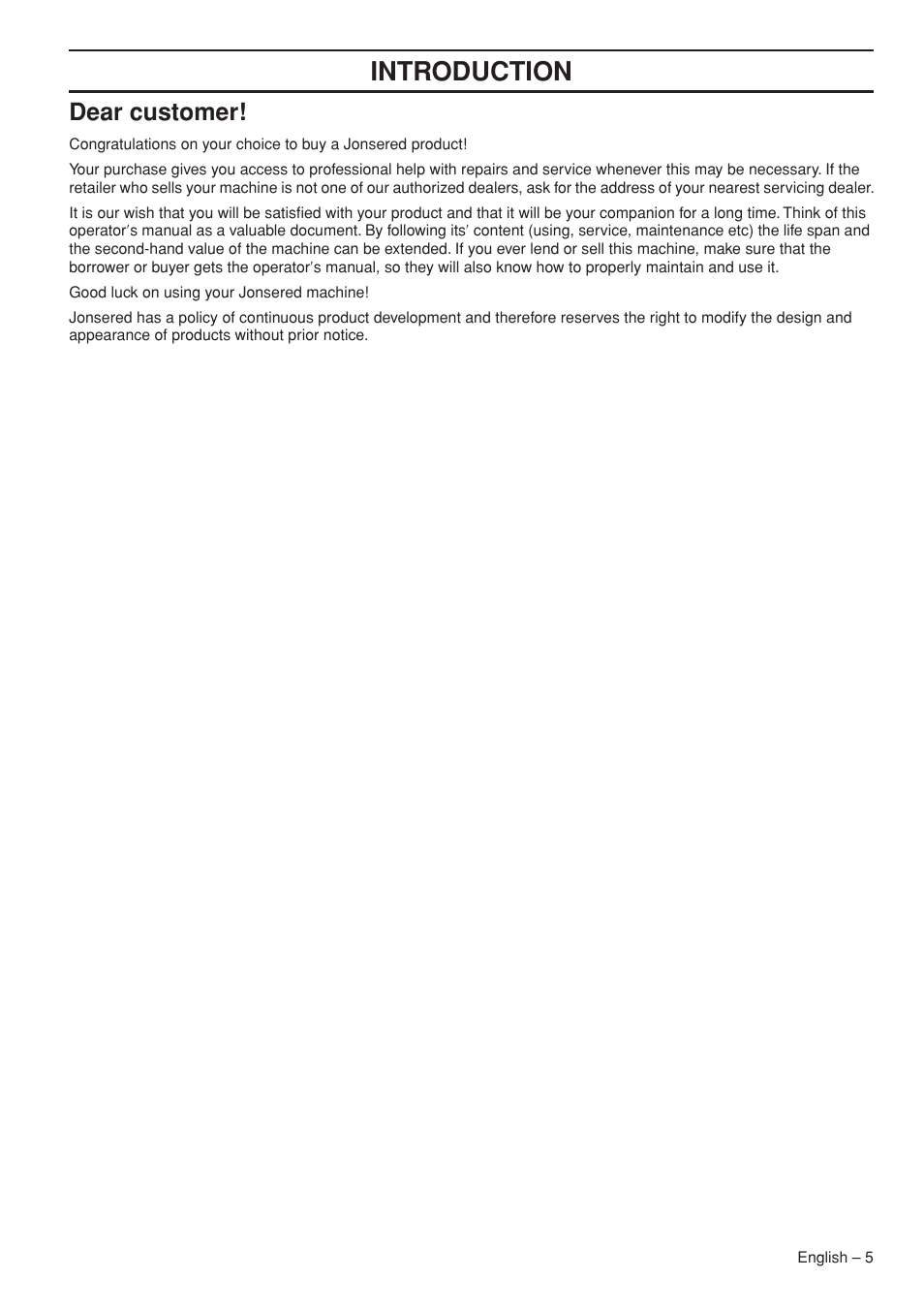 Dear customer, Intr oduction | Jonsered CS 2153 EPA I User Manual | Page 5 / 44