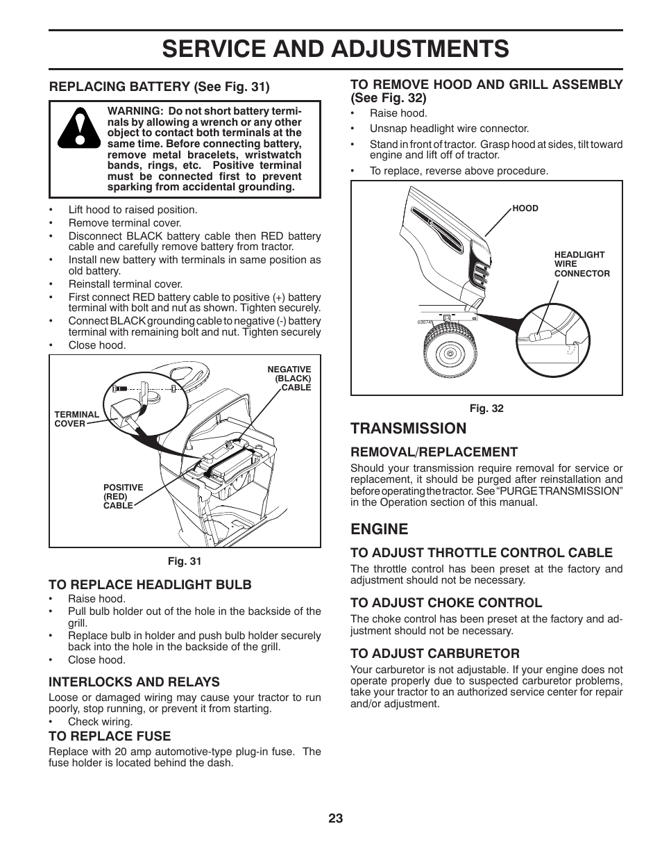 Service and adjustments, Transmission, Engine | Jonsered LT2223 A2 User Manual | Page 23 / 28