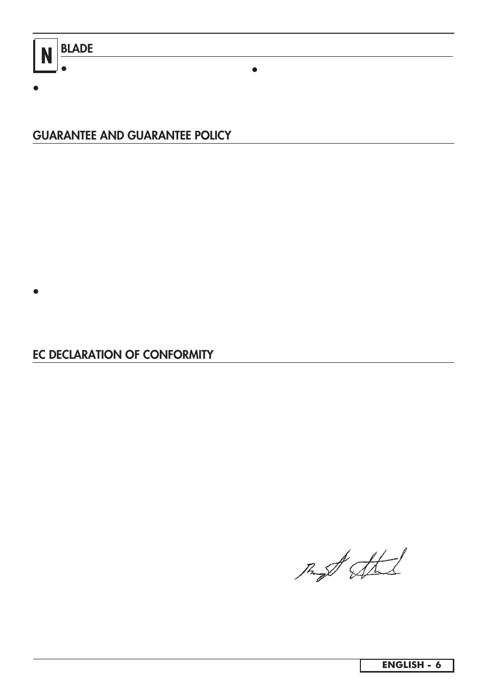 Blade, Ec declaration of conformity, Guarantee and guarantee policy | Jonsered LM2150 CMD User Manual | Page 10 / 19