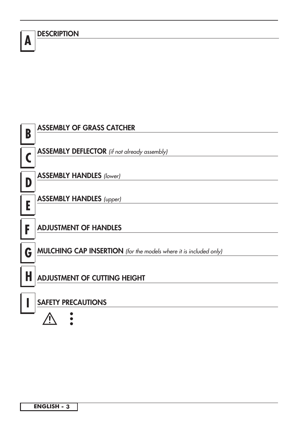 Safety precautions, Mulching cap insertion, Adjustment of cutting height assembly handles | Assembly deflector, Adjustment of handles | Jonsered LM2150 CMD User Manual | Page 7 / 19