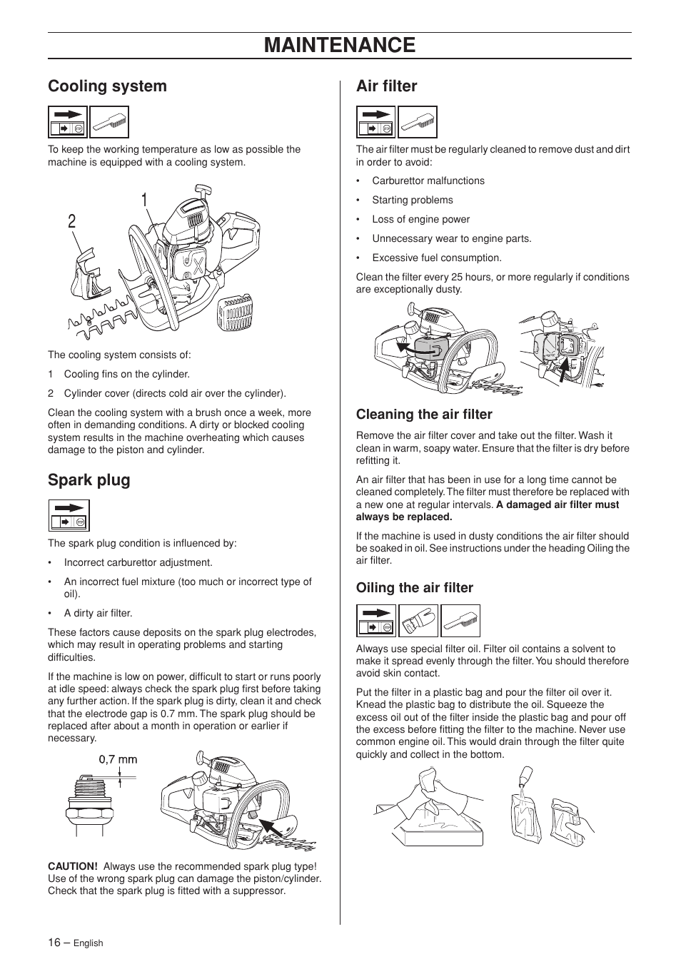 Cooling system, Spark plug, Air filter | Cleaning the air filter, Oiling the air filter, Maintenance | Jonsered HT 2124 User Manual | Page 16 / 24