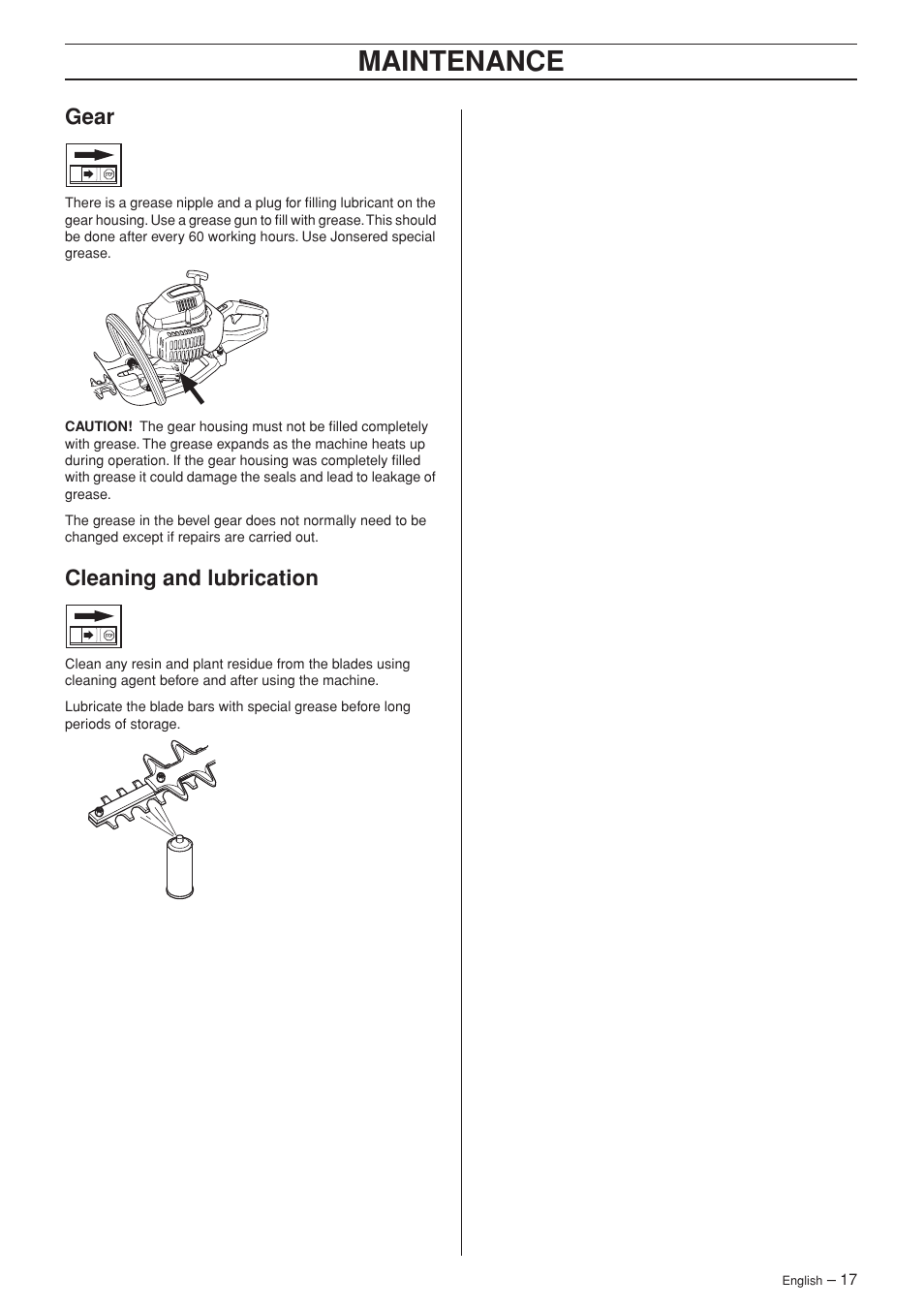 Gear, Cleaning and lubrication, Maintenance | Jonsered HT 2124 User Manual | Page 17 / 24