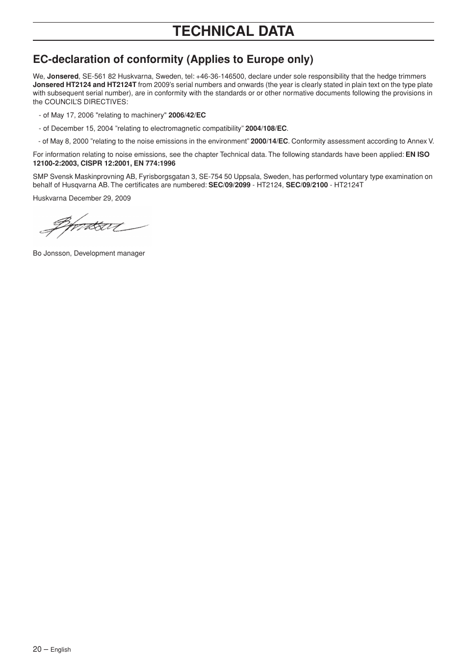 Technical data | Jonsered HT 2124 User Manual | Page 20 / 24