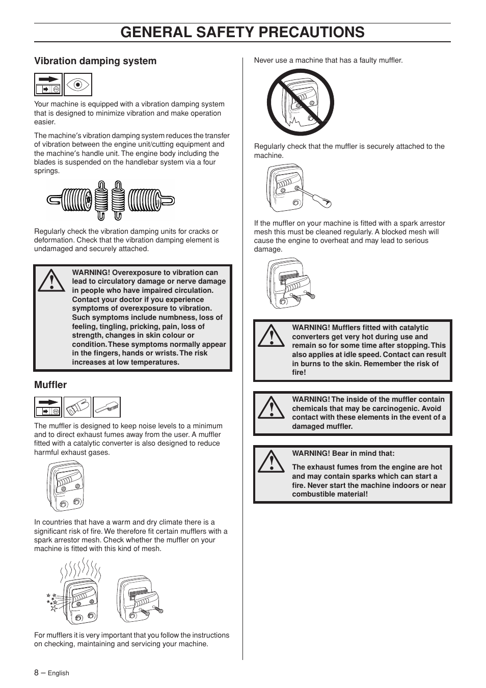 Vibration damping system, Muffler, General safety preca utions | Jonsered HT 2124 User Manual | Page 8 / 24