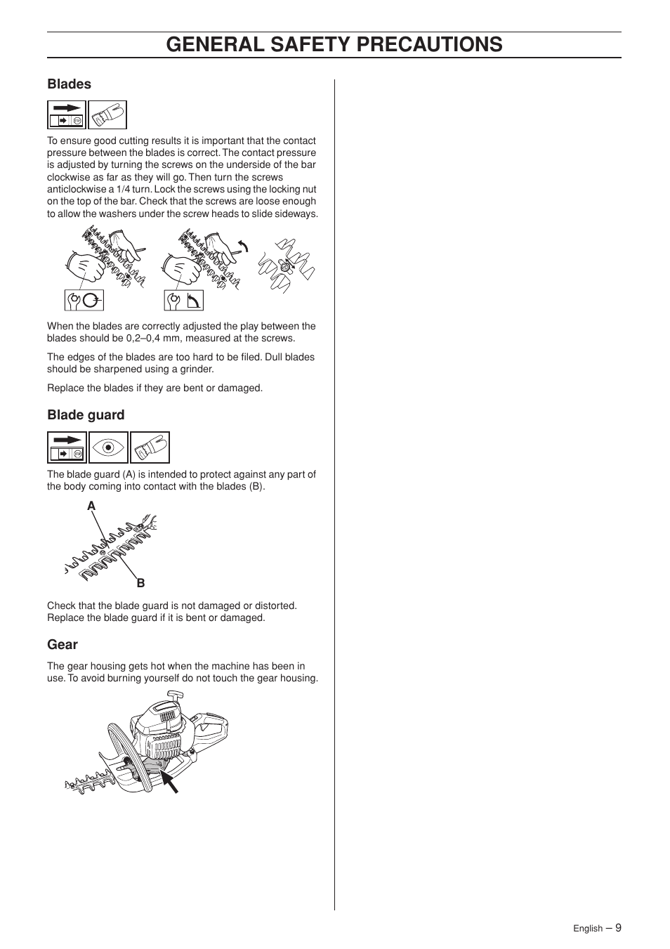 Blades, Blade guard, Gear | General safety precautions | Jonsered HT 2124 User Manual | Page 9 / 24