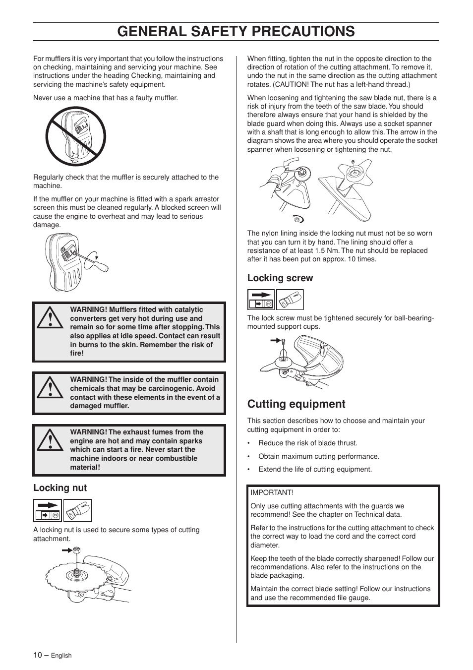 Locking nut, Locking screw, Cutting equipment | General safety precautions | Jonsered FC 2145 User Manual | Page 10 / 40