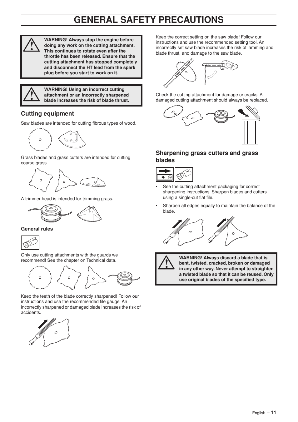 Cutting equipment, Sharpening grass cutters and grass blades, General safety precautions | Jonsered FC 2145 User Manual | Page 11 / 40