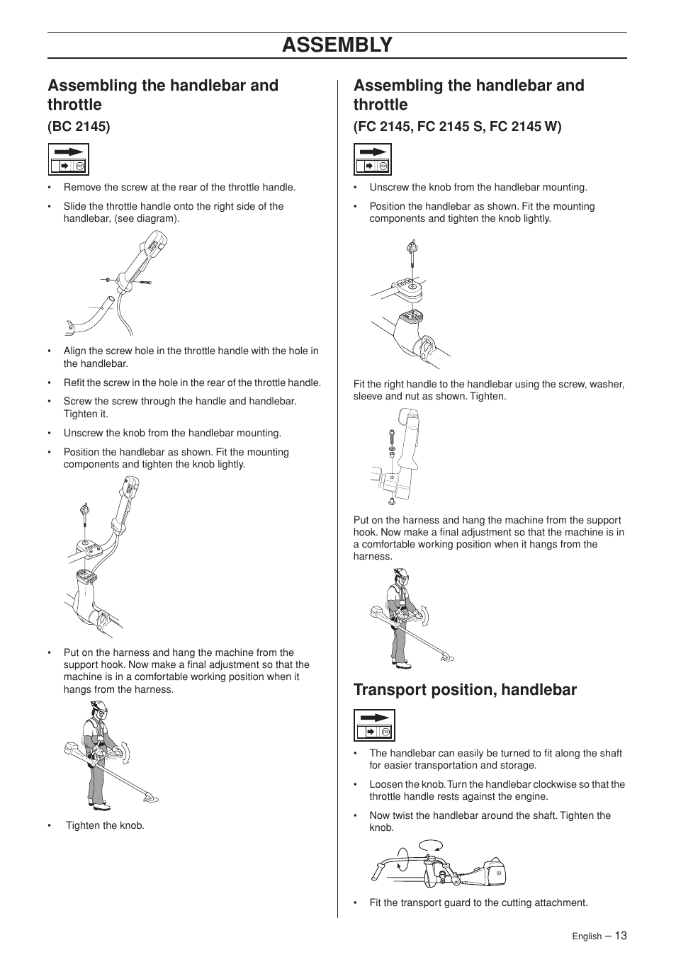 Assembling the handlebar and throttle, Bc 2145), Fc 2145, fc 2145 s, fc 2145 w) | Transport position, handlebar, Assembly | Jonsered FC 2145 User Manual | Page 13 / 40