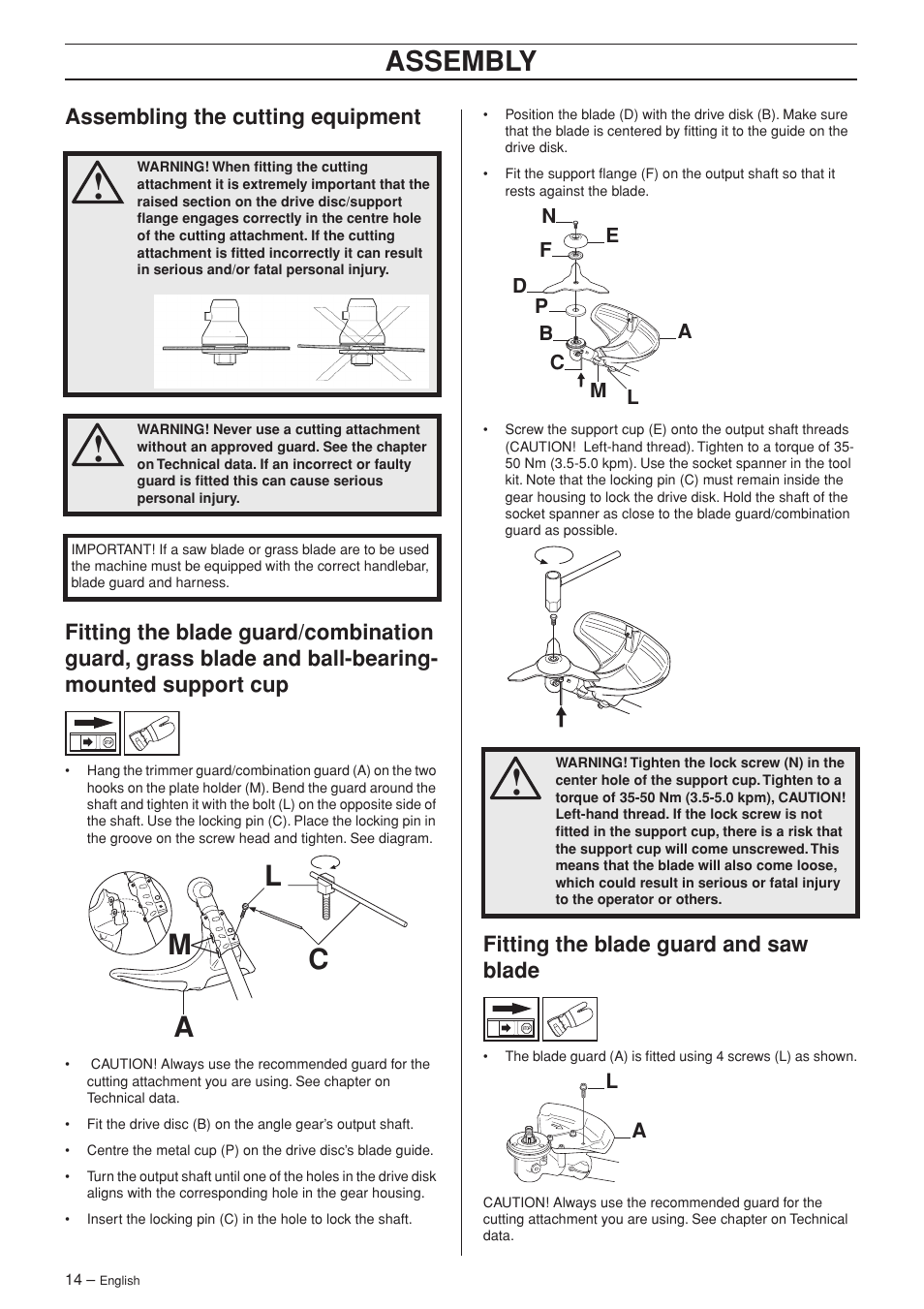 Assembling the cutting equipment, Fitting the blade guard and saw blade, La m c | Assembly | Jonsered FC 2145 User Manual | Page 14 / 40