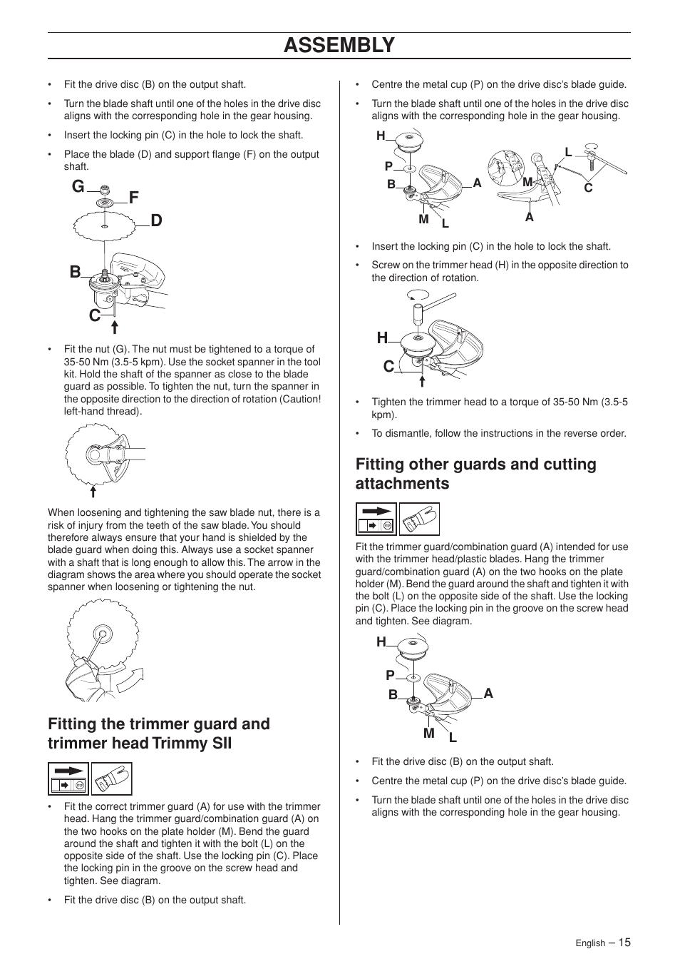 Fitting other guards and cutting attachments, Assembly, Fg d b c | Jonsered FC 2145 User Manual | Page 15 / 40