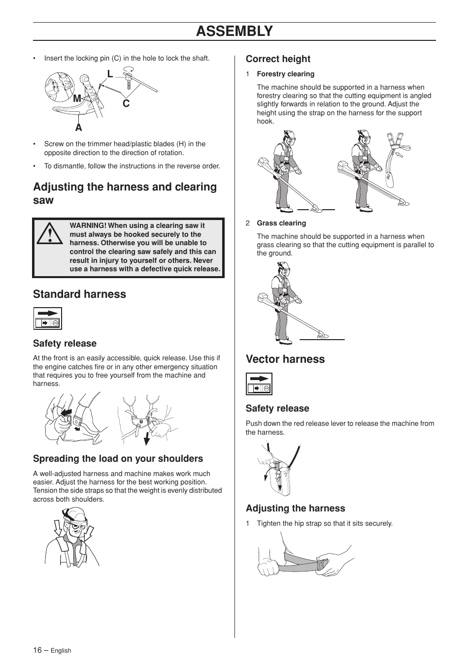 Adjusting the harness and clearing saw, Standard harness, Safety release | Spreading the load on your shoulders, Correct height, Vector harness, Adjusting the harness, Assembly | Jonsered FC 2145 User Manual | Page 16 / 40