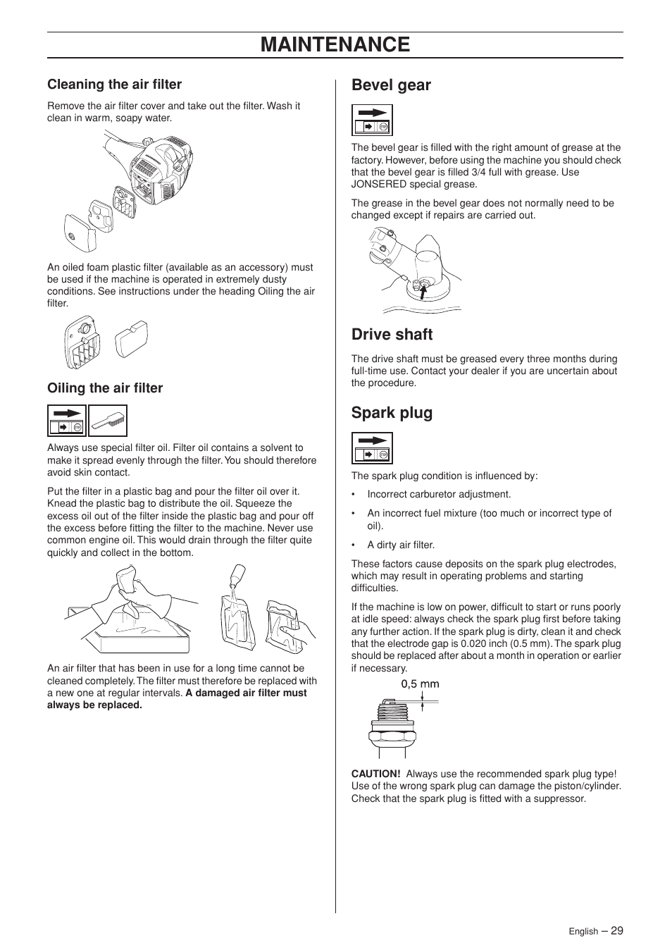 Cleaning the air filter, Oiling the air filter, Bevel gear | Drive shaft, Spark plug, Maintenance | Jonsered FC 2145 User Manual | Page 29 / 40