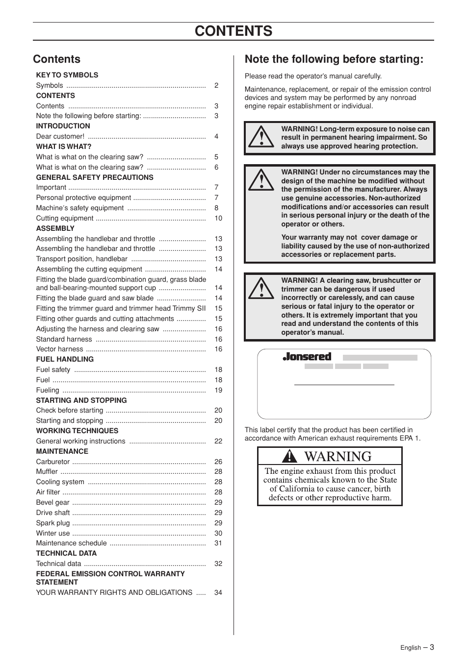 Jonsered FC 2145 User Manual | Page 3 / 40