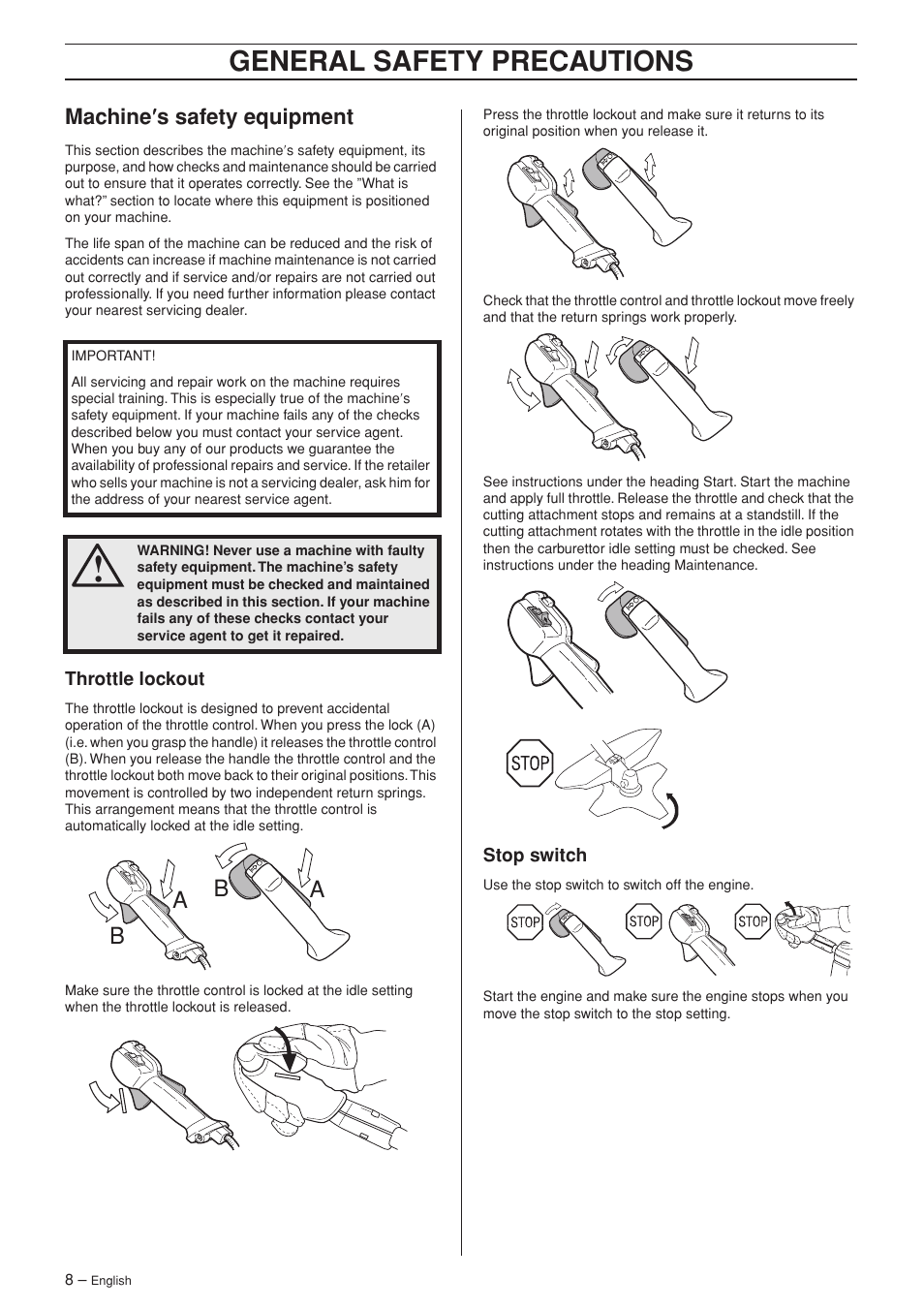 Machine¢s safety equipment, Throttle lockout, Stop switch | General safety preca utions, Ba a b, Mac hine ′′′′ s safety equipment | Jonsered FC 2145 User Manual | Page 8 / 40