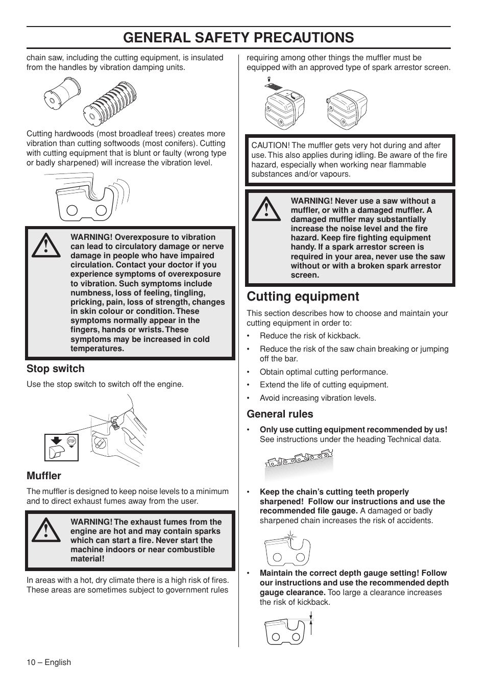 Stop switch, Muffler, Cutting equipment | General rules, General safety precautions | Jonsered CS 2255 User Manual | Page 10 / 44