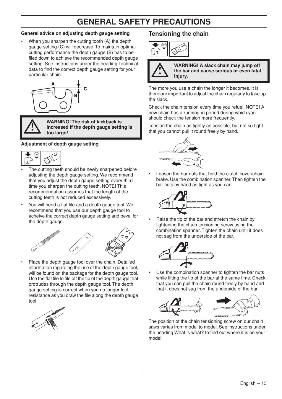Tensioning the chain, General safety precautions | Jonsered CS 2255 User Manual | Page 13 / 44