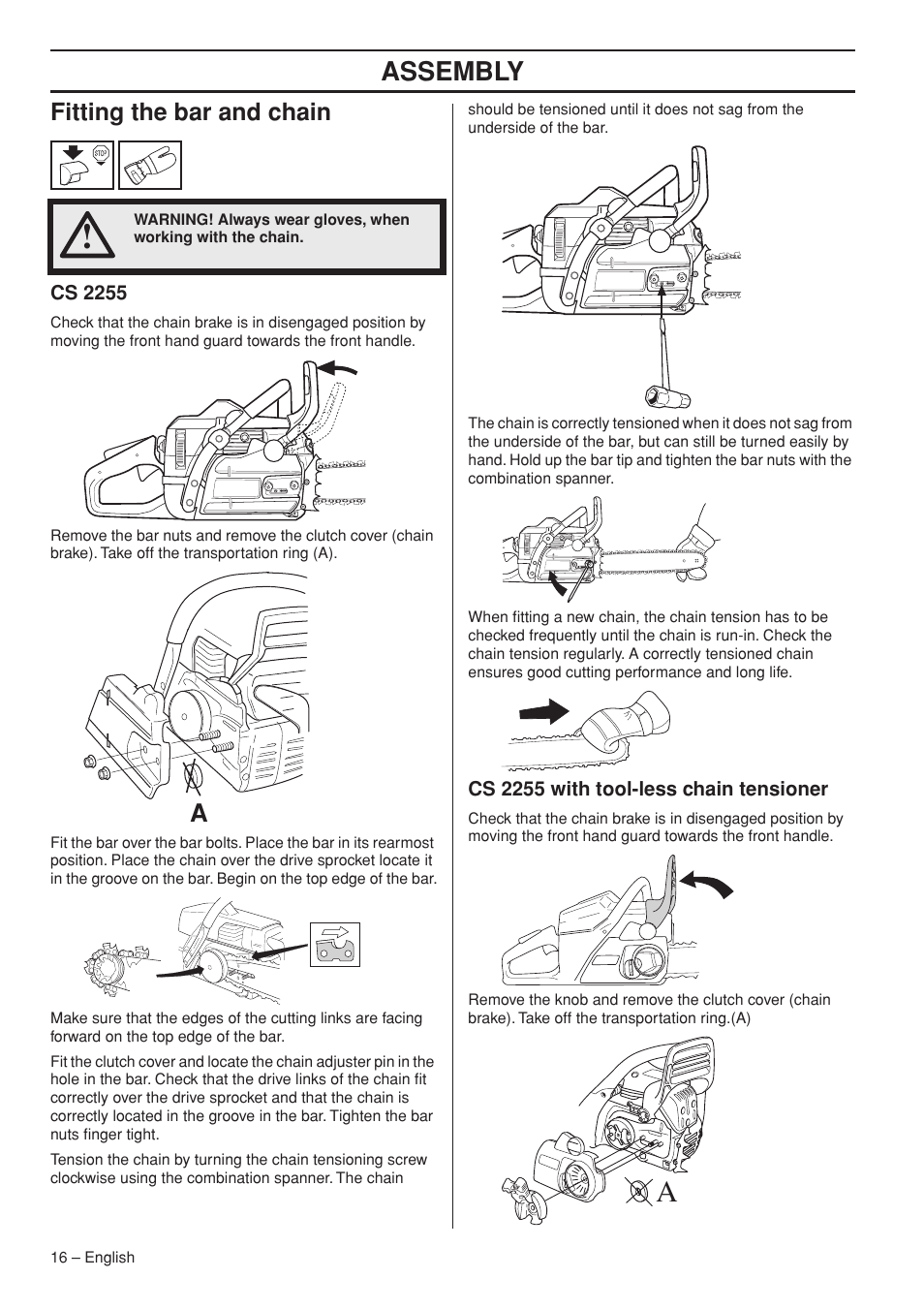 Fitting the bar and chain, Cs 2255, Cs 2255 with tool-less chain tensioner | Assembly | Jonsered CS 2255 User Manual | Page 16 / 44