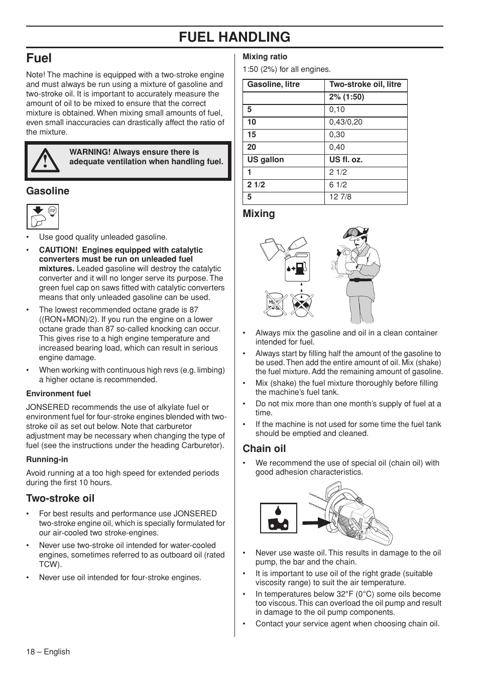 Fuel, Gasoline, Two-stroke oil | Mixing, Chain oil, Fuel handling | Jonsered CS 2255 User Manual | Page 18 / 44