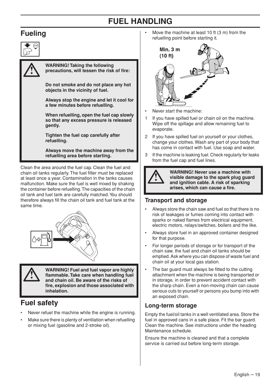 Fueling, Fuel safety, Transport and storage | Long-term storage, Fuel handling | Jonsered CS 2255 User Manual | Page 19 / 44