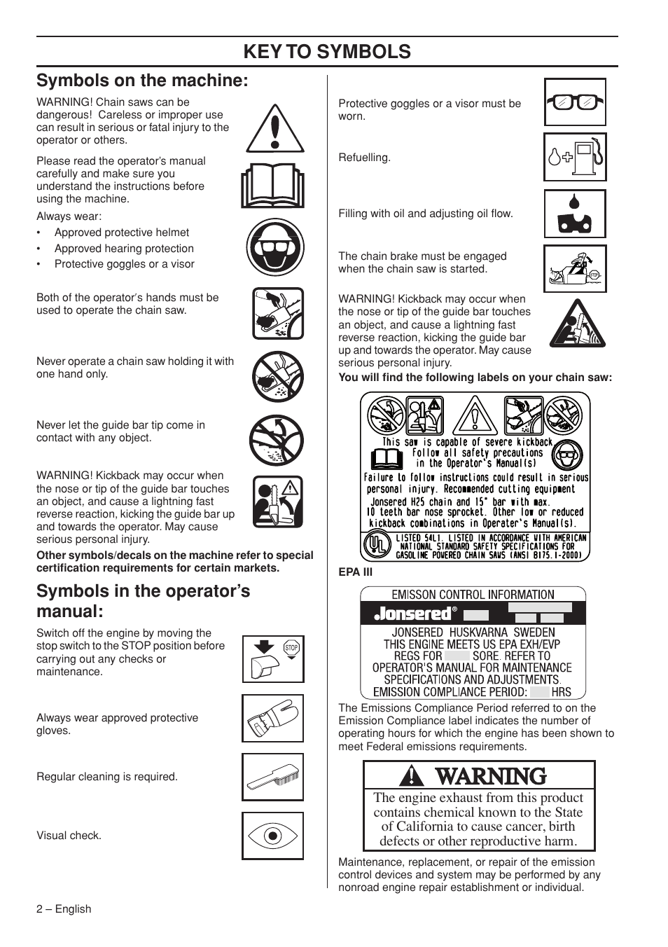 Symbols on the machine, Symbols in the operator’s manual, Key t o symbols | Symbols on the mac hine, Symbols in the operator’ s manual | Jonsered CS 2255 User Manual | Page 2 / 44