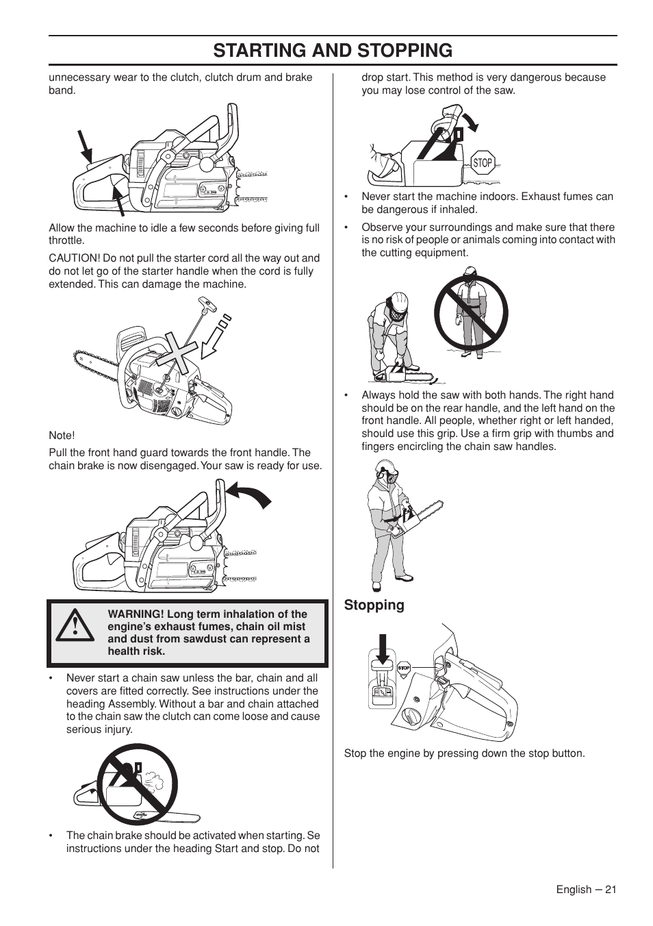 Stopping, Starting and stopping | Jonsered CS 2255 User Manual | Page 21 / 44
