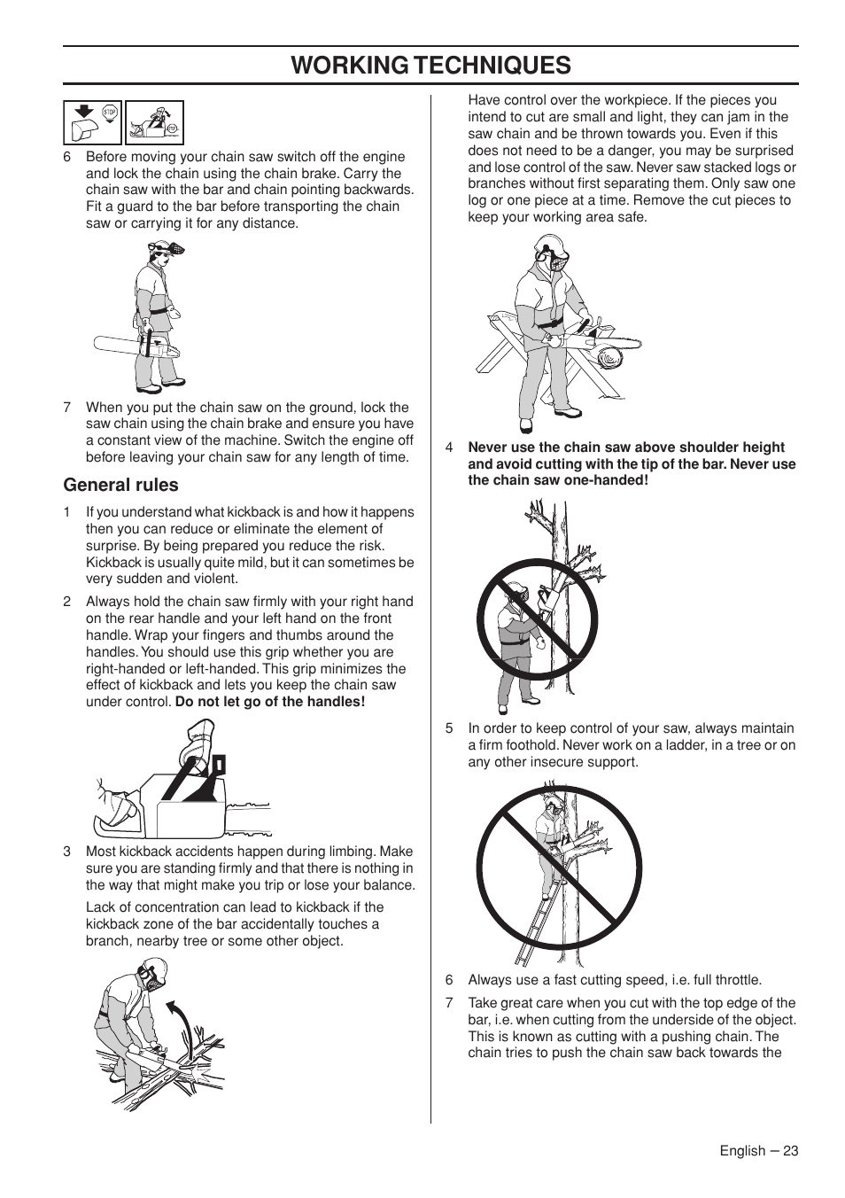 General rules, Working techniques | Jonsered CS 2255 User Manual | Page 23 / 44