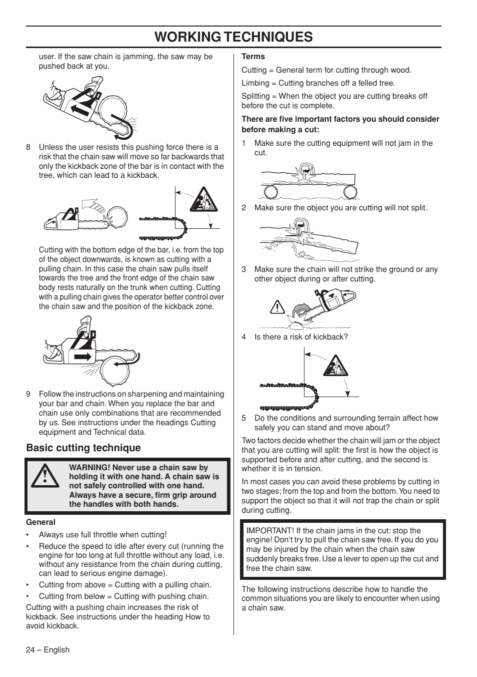 Basic cutting technique, Working techniques | Jonsered CS 2255 User Manual | Page 24 / 44