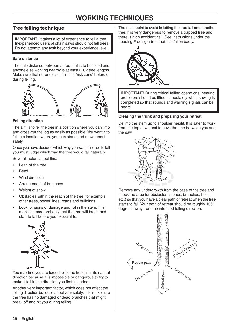 Tree felling technique, Working techniques | Jonsered CS 2255 User Manual | Page 26 / 44
