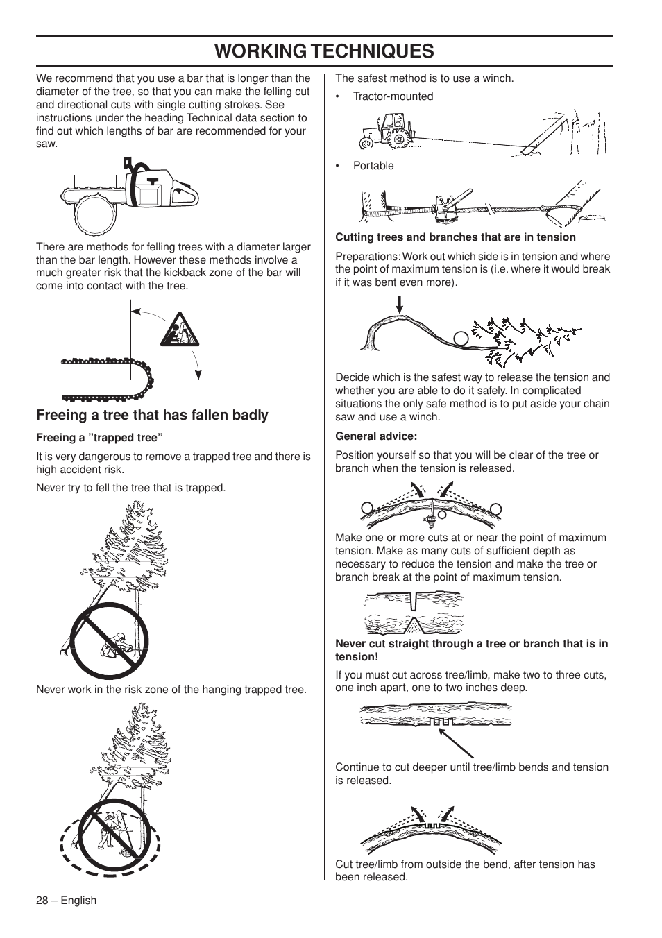 Freeing a tree that has fallen badly, Working techniques | Jonsered CS 2255 User Manual | Page 28 / 44